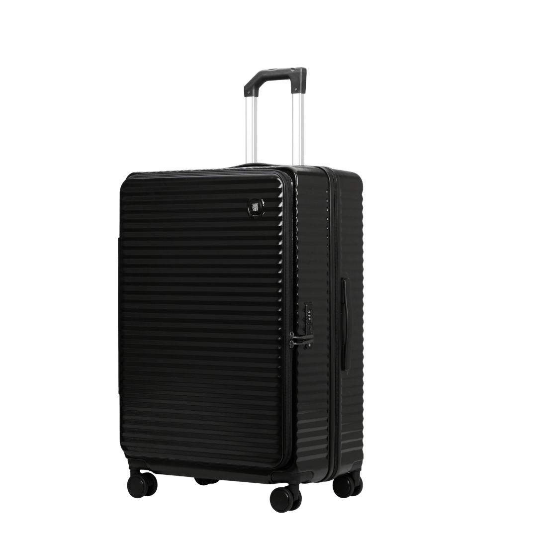 Panthera Uncia Hardside Spinner Suitcase with Front Pocket in Black, view 3
